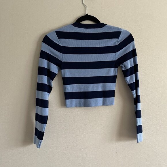 Zara Women S Blue Striped Ribbed Knit Crew Neck Pullover Basic Cropped Sweater - Picture 9 of 9